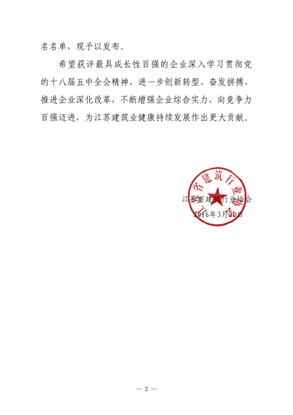 我公司荣获2015年度江苏省最具成长性百强企业奖