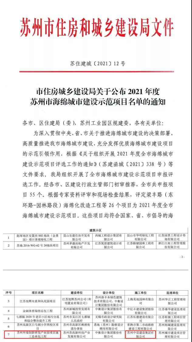 苏州7003全讯白菜网“清华园”项目喜获2021年“苏州市海绵城市建设示范项目”